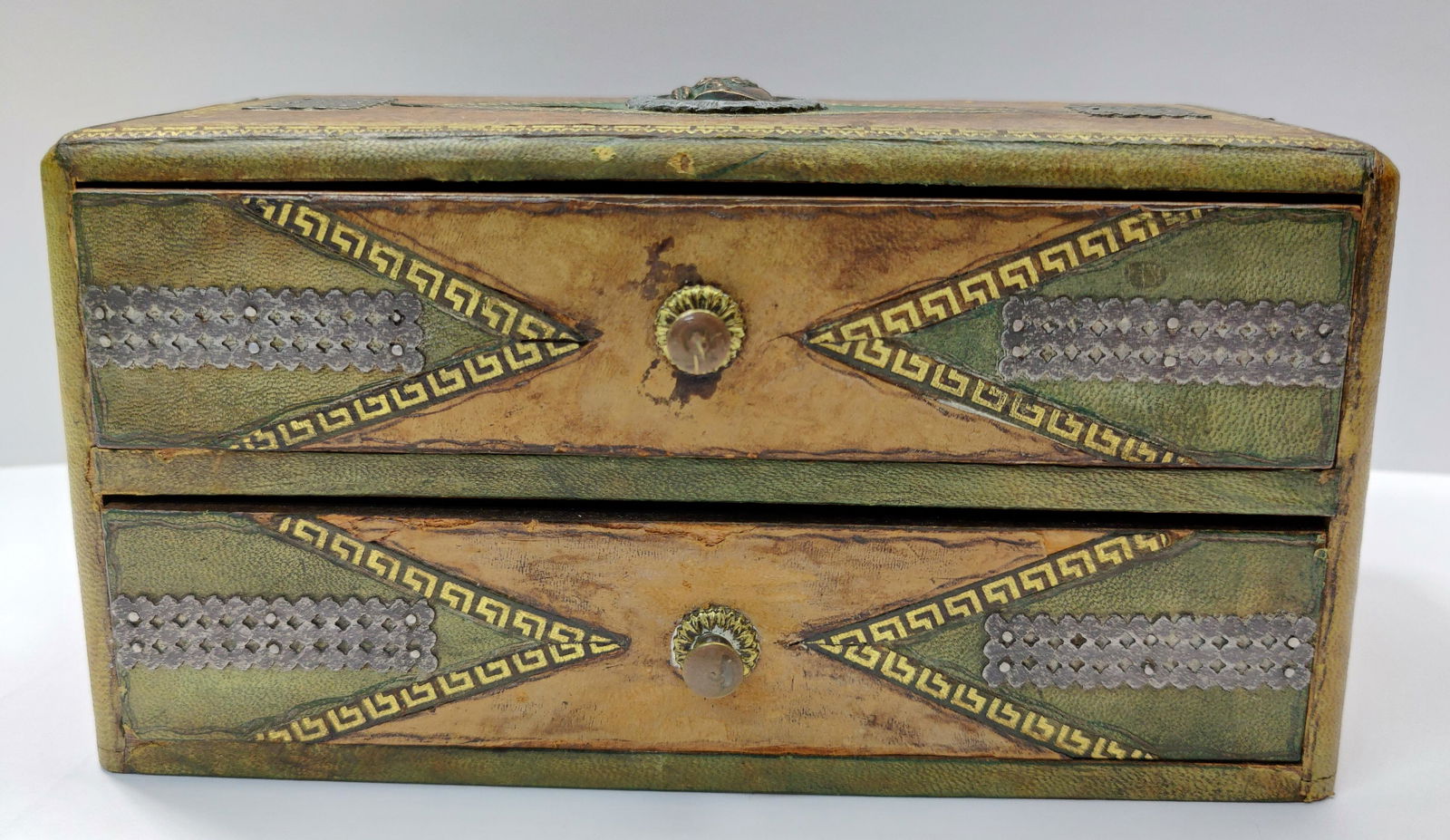 French Victorian green brown leather wood Cameo trinket (1 of 6)