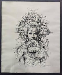 1965 J. Podevin Ink Drawing Mystic Portrait Original