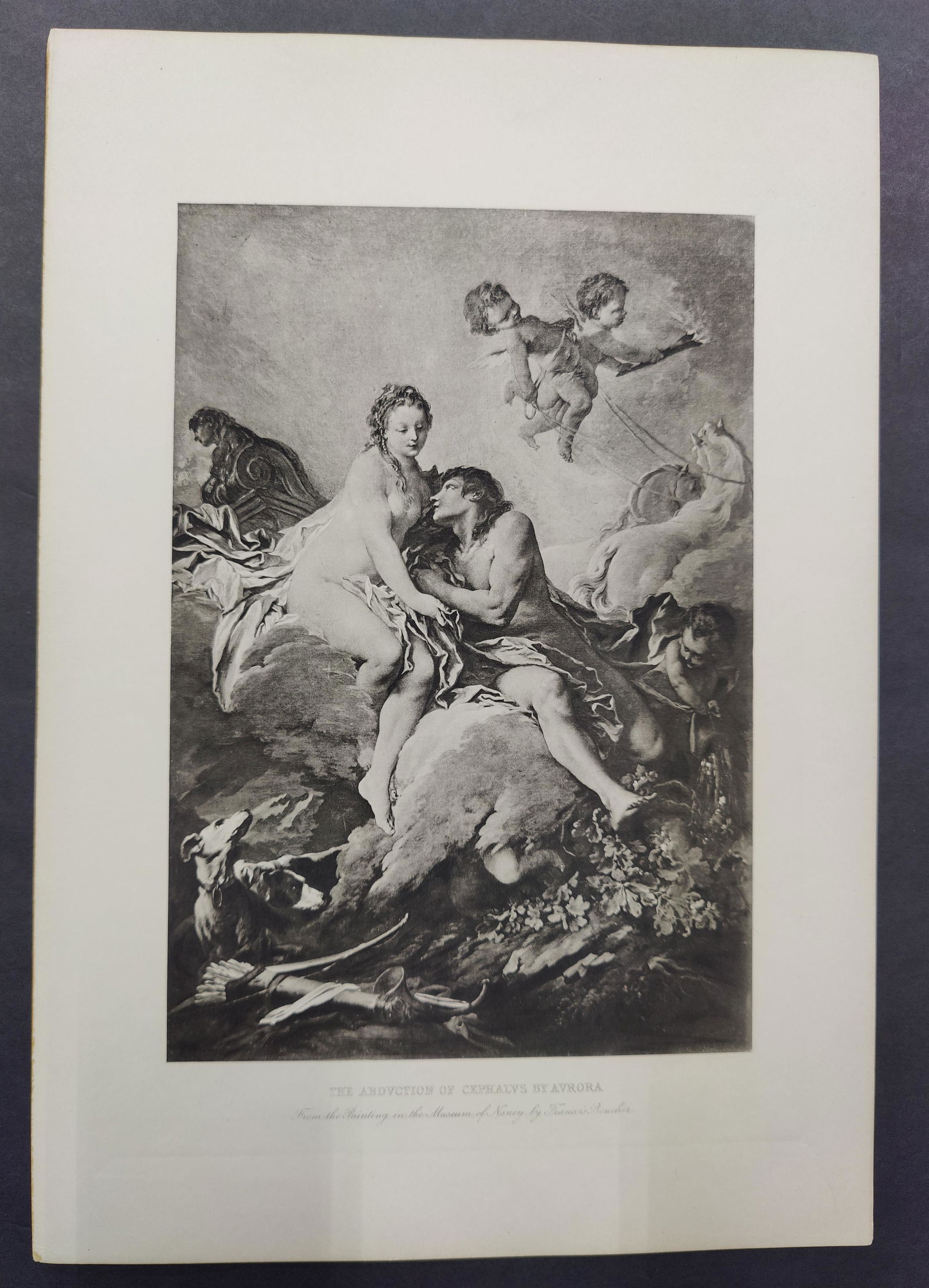 Mythology Etching Abduction Of Cephalus By Avrora By: Mythology Etching The Abduction Of Cephalus By Avrora From The painting in The Museum of Nancy By Francois Boucher, 11"1/2 X 17", See pictures for condition. HANDLING and SHIPPING, USA $10. INTERNATIO