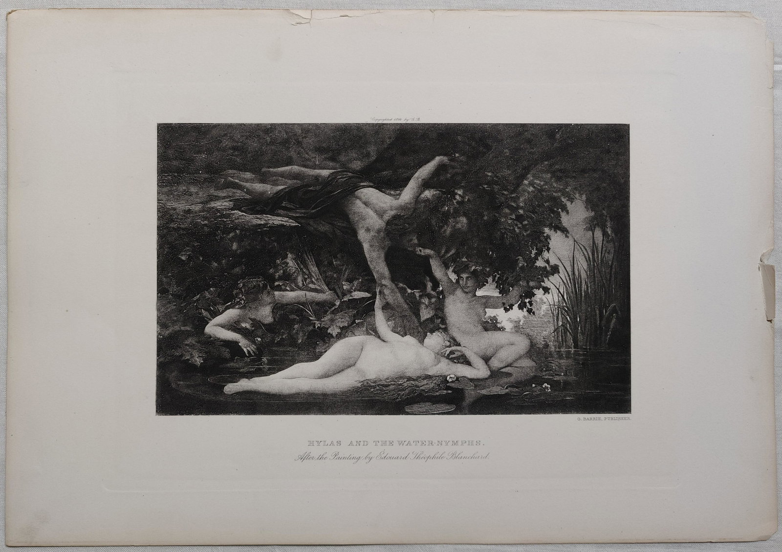 Mythology Etching Hylas and the Water Nymphs by E. T.: Mythology Etching Hylas and the Water Nymphs After the painting by Edouard Theophile Blanchard, 11"1/2 X 17", See pictures for condition, (no Frame). HANDLING and SHIPPING, USA $10. INTERNATIONAL SHIP