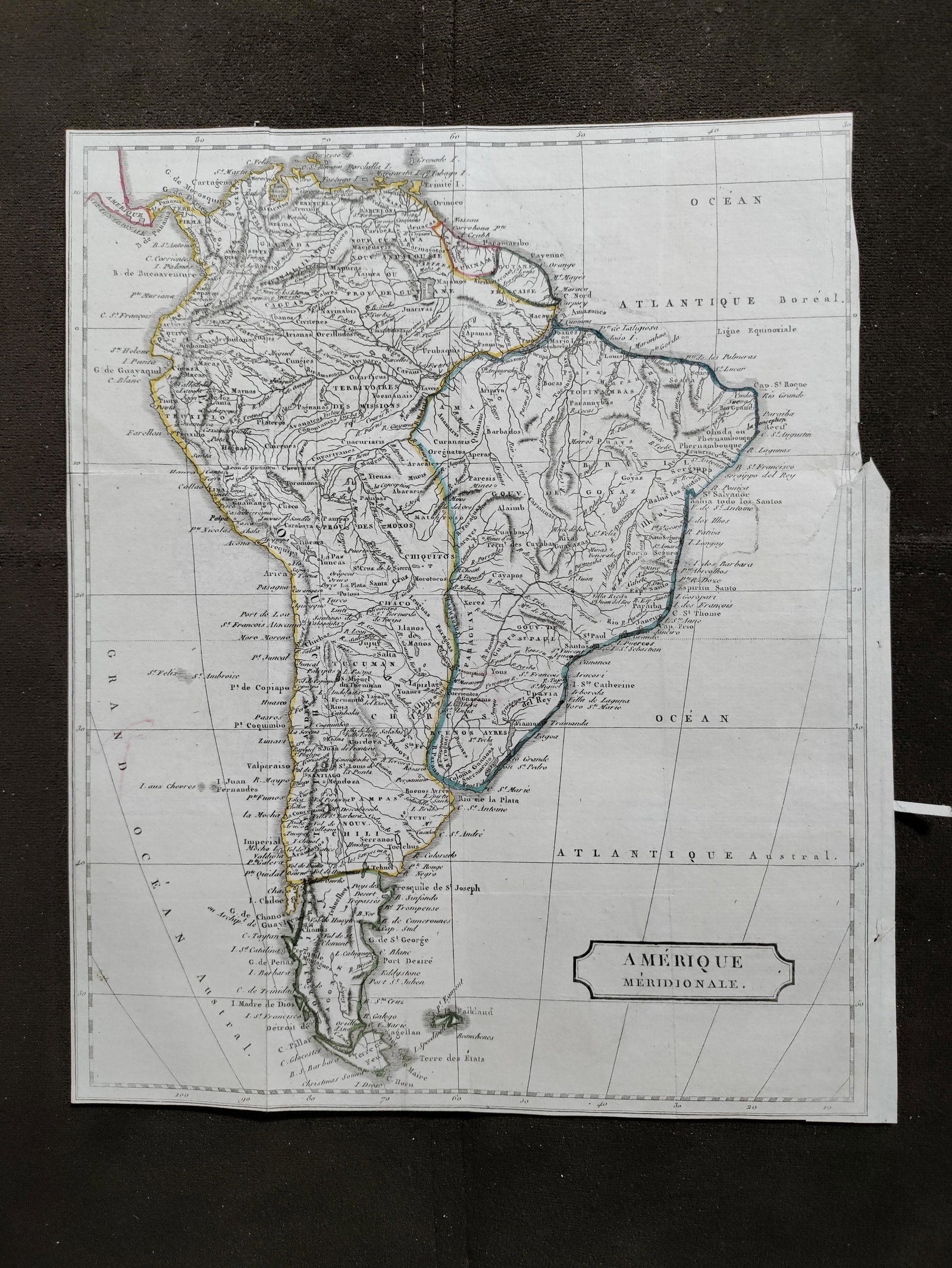 John Pinkerton french Map of South America 1806: John Pinkerton (Scottish, 1758-1826): Map of South America 1806, copper hand colored engraving, from Abrege de la geographie moderne published in 1806 in Paris by Dentu Imprimeur.8 1/4" X 10”.Di