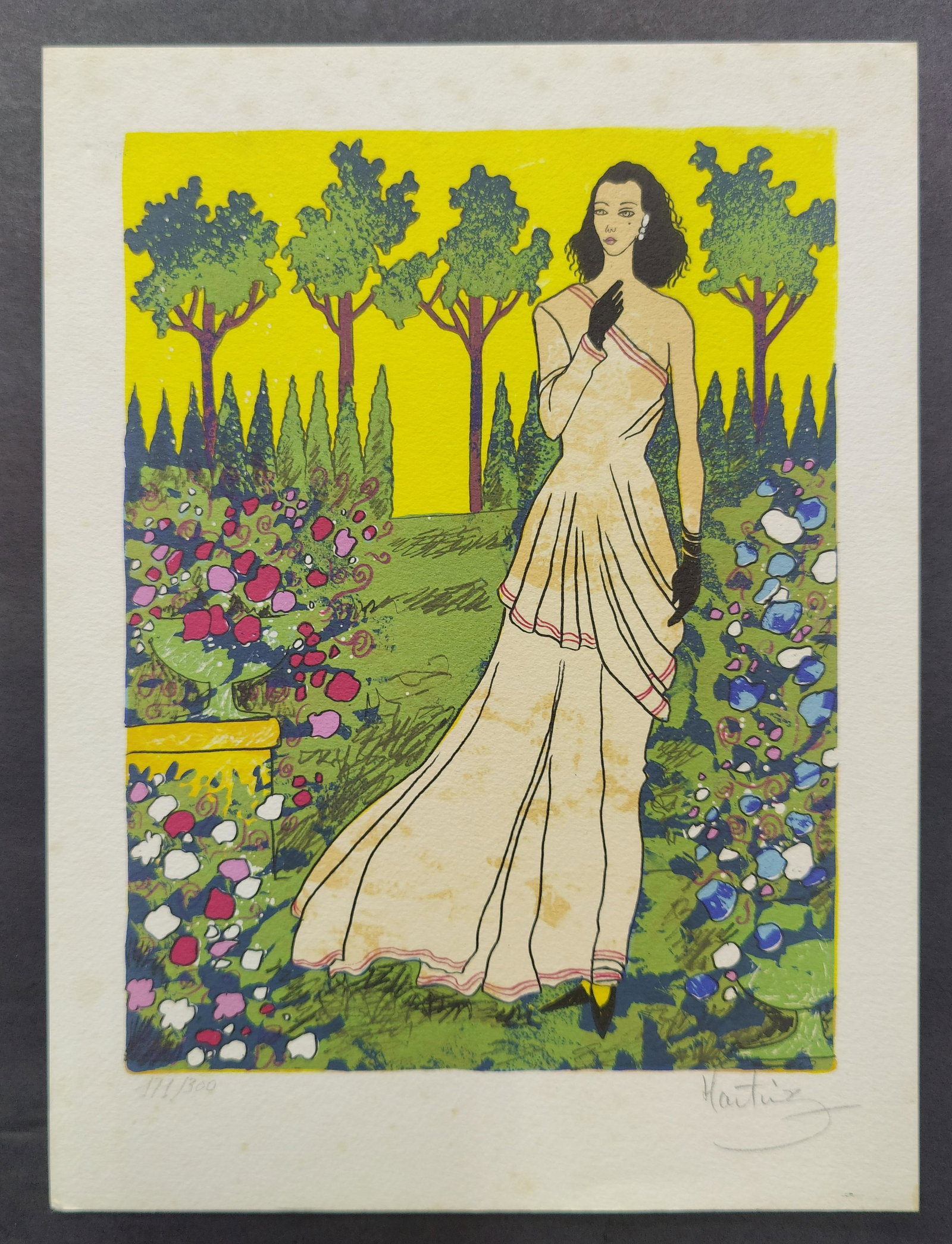 French Original Lithograph Art Nouveau Lady In Garden Signed Hartuie (1 of 9)