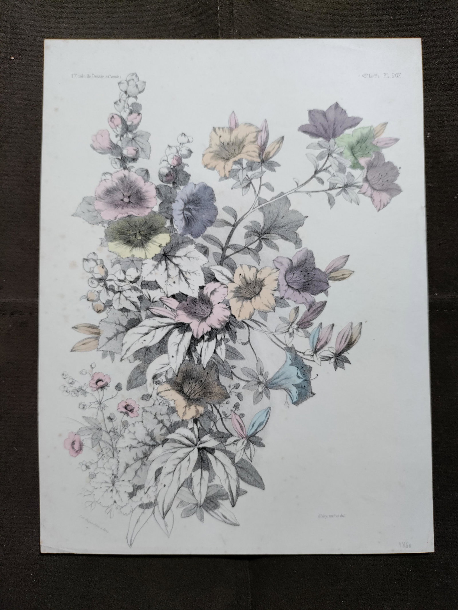 Bouquet of flowers french lithograph 19th C hand colored (1 of 8)
