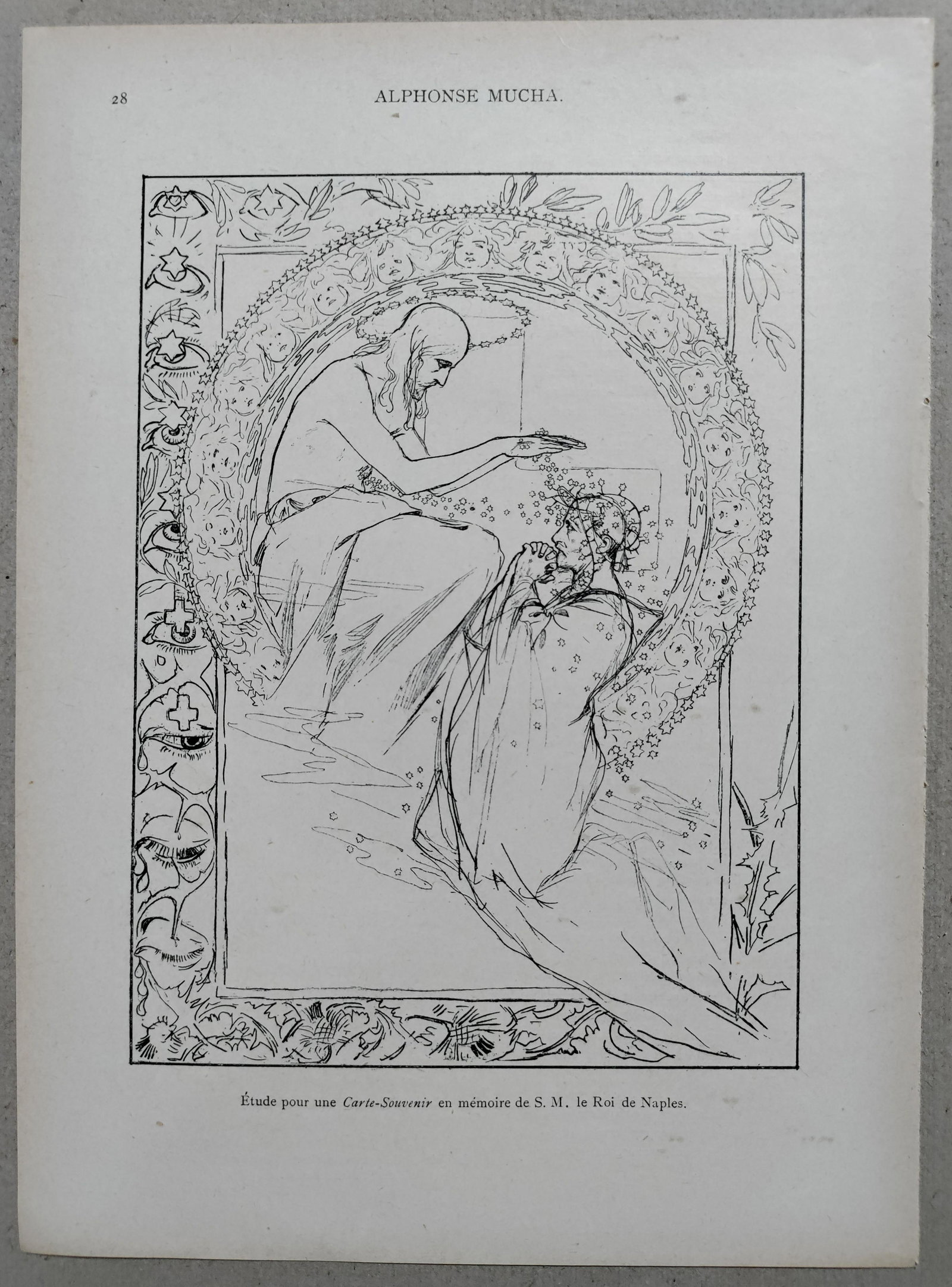 Mucha - In Memory of King of Naples - La Plume 1897: Mucha, Alphonse (1860-1939). En memoire de S. M. le Roi de Naples, this illustration was part of french magazine La Plume published in 1897 in Paris. Dimensions: 9 1/2” x 7” Artist Name: A