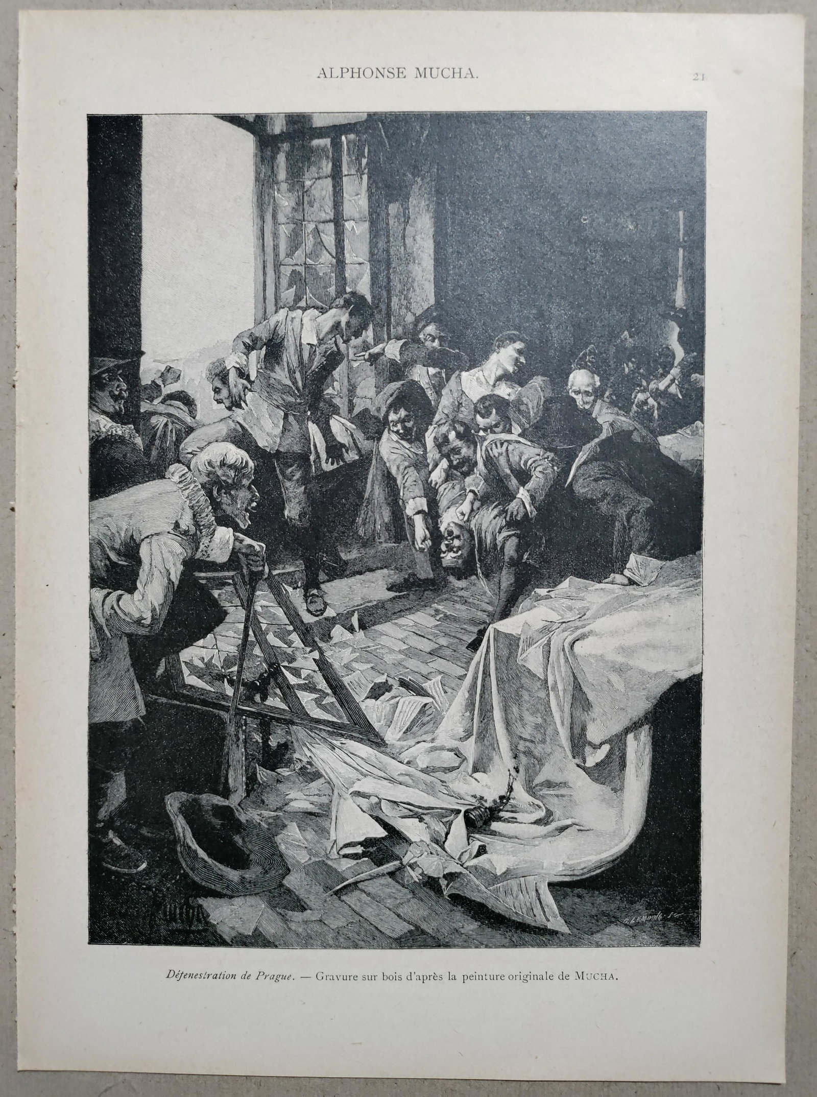 Mucha - Defenestration - La Plume 1897: Mucha, Alphonse (1860-1939). This illustration was part of french magazine La Plume published in 1897 in Paris. Dimensions: 9 1/2” x 7” Artist Name: Alphonse Mucha Literature: La Plume pub