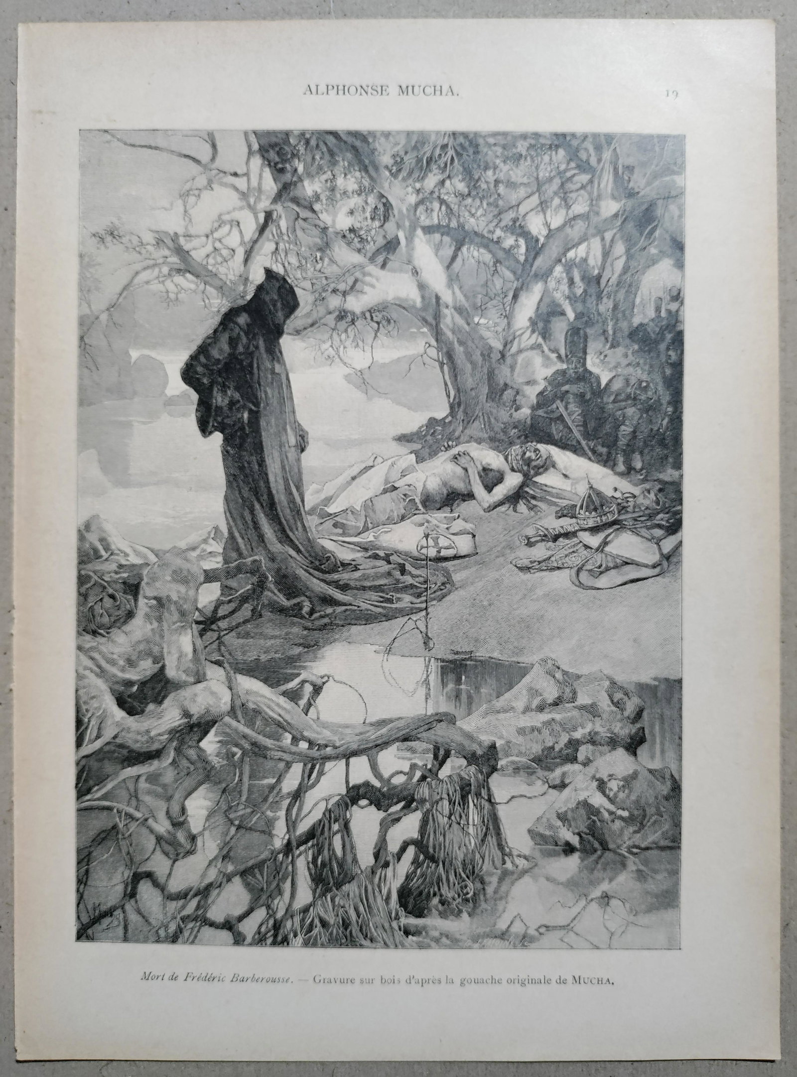 Mucha - Death of Frederic Barberousse - La Plume 1897: Mucha, Alphonse (1860-1939). This illustration was part of french magazine La Plume published in 1897 in Paris. Dimensions: 9 1/2” x 7” Artist Name: Alphonse Mucha Literature: La Plume pub