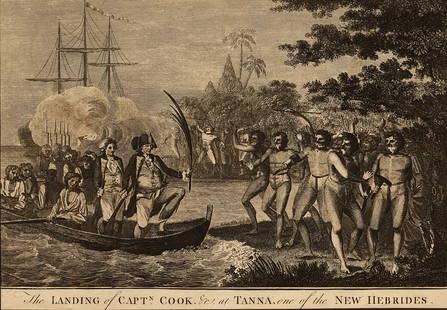 William Hodges (1744-1797), The Landing of Captain Cook at Tanna, One of the New Hebrides: William Hodges (1744-1797), The Landing of Captain Cook at Tanna, One of the New Hebrides, From A Voyage Towards the South Pole and Around the World, copper engraving, 1777, unframed size: 8 3/4" x 12