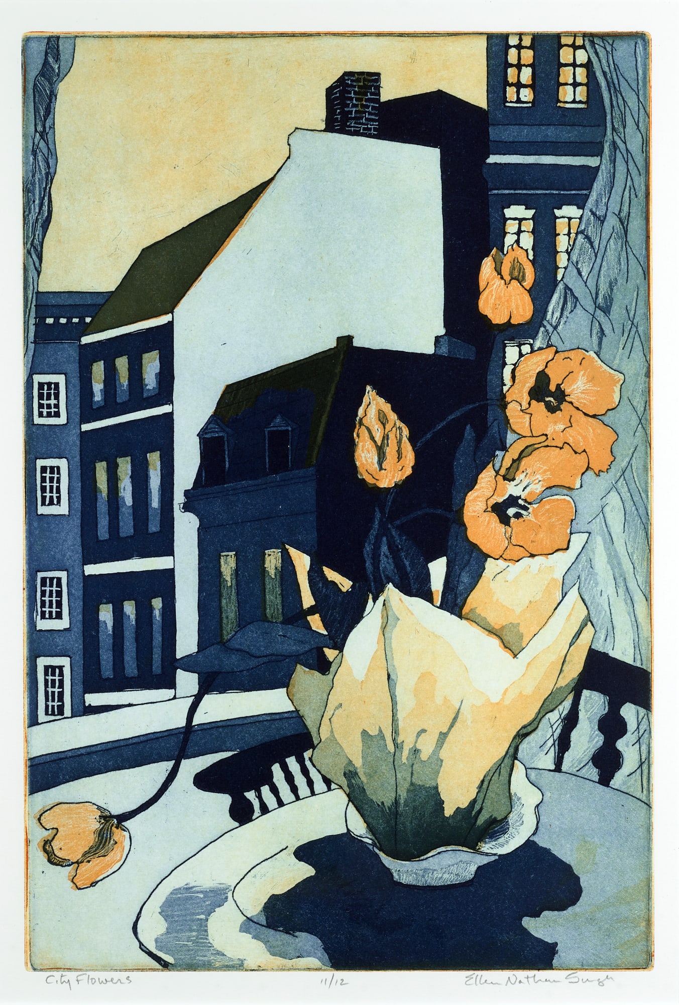 Ellen Nathan Singer, City Flowers: Ellen Nathan Singer, City Flowers, Etching and aquatint, Edition 12, 2008, unframed size: 17 13/16" x 11 13/16", framed size: 27" x 20 3/4" x 1" Artist biography: Ellen Nathan Singer received a BFA in