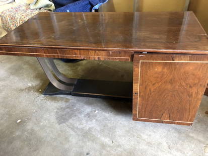 Danish Antique Art Deco Desk: Unusual design sets this piece apart. Original Hardware. See pictures for condition report. Needs some TLC but has great bones and beautiful detail.Measures 57"W x 27.5"D x 29"H