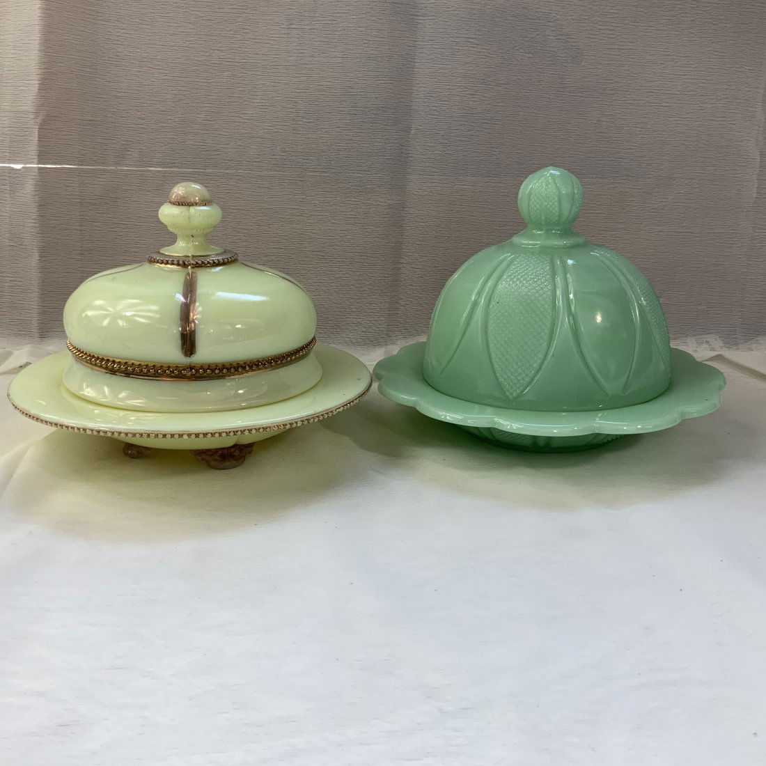 2 Antique Custard and Jadeite Glass Butter Dishes (1 of 8)