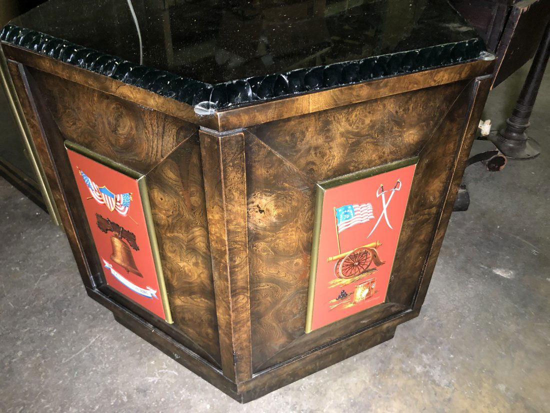 Rotating End Table with Hand Painted Bicentennial art: Six sided rotating end table with unique glass top. Six different hand painted bicentennial art.Measures 24"W x 27"D x 24"h