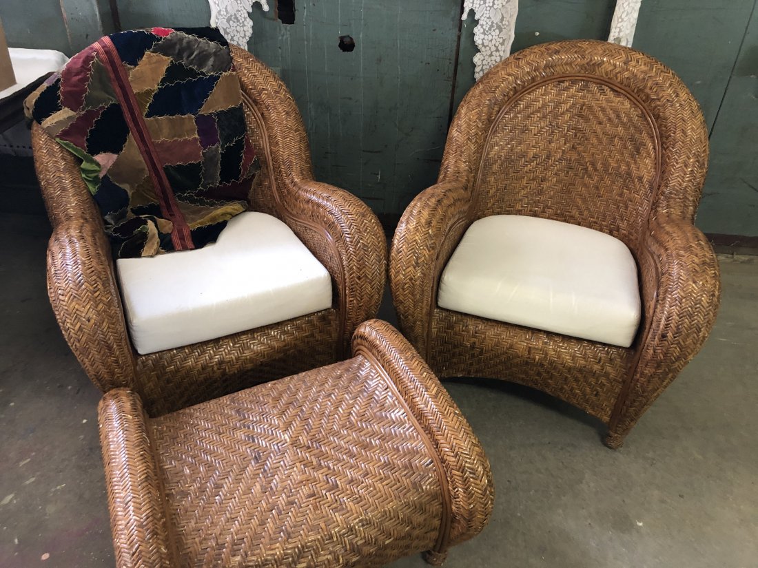 Two brown wicker chair and ottoman (1 of 1)