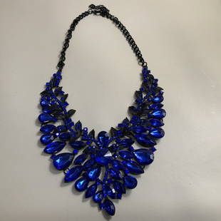 STUNNING VINTAGE BIB NECKLACE: Vintage cobalt blue stones bib necklace with black leaf accents and a black chain. Necklace is 17 inches long. A true eye catcher.