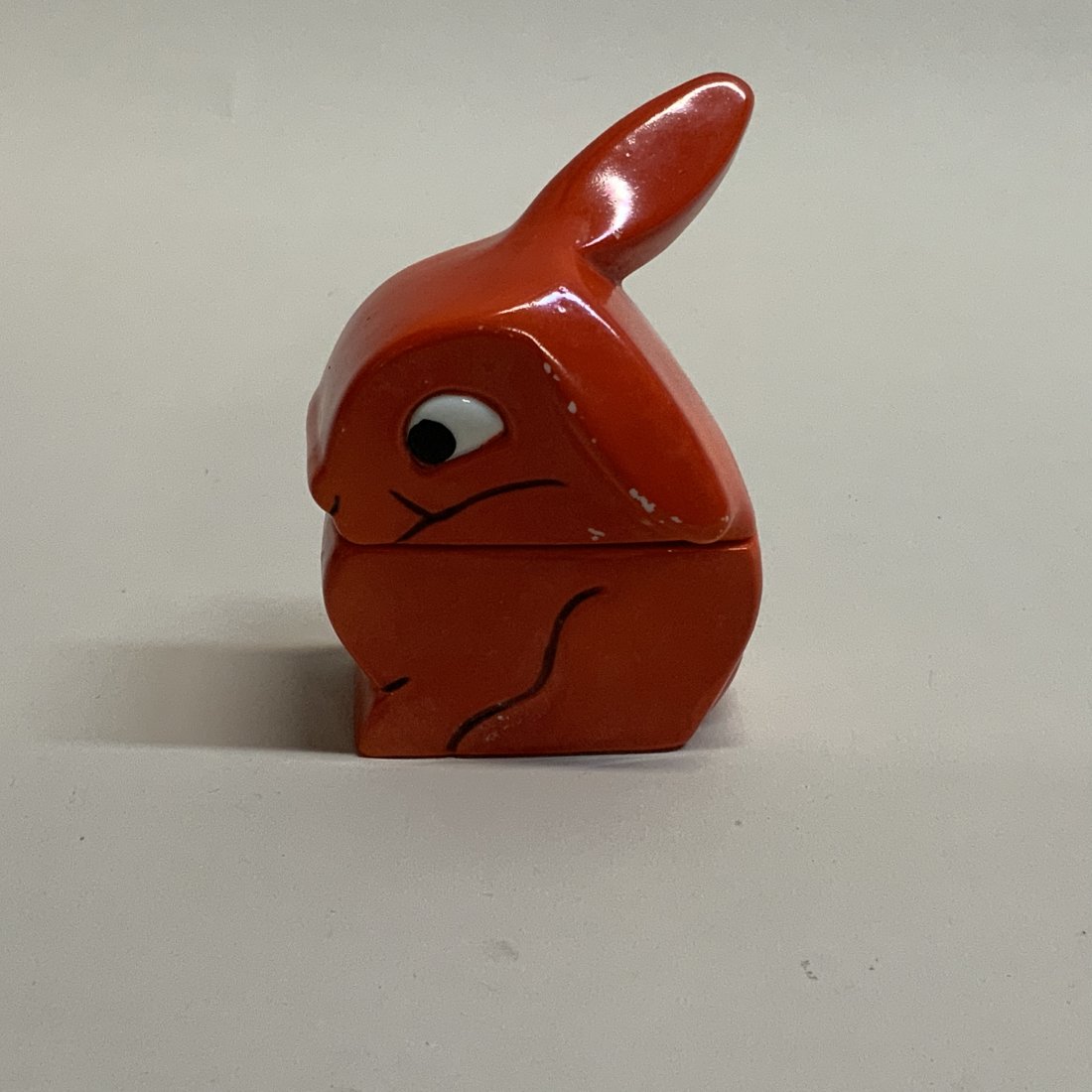 VINTAGE RED BUNNY SALT DISH MARKED BAVARIA: Vintage red bunny salt or mustard dish. Marked Bavaria, good condition, has some chips. Approximately 3.5 inches high by 2.5 inches long by 1.5 inches wide. See photos