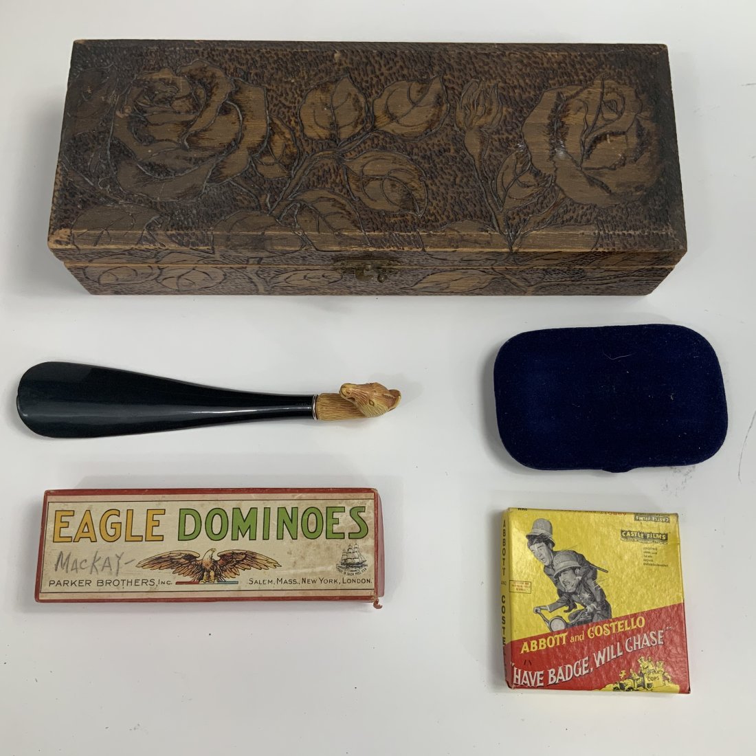 Lot Wood box, dominoes, Abbott and Costello film (1 of 3)