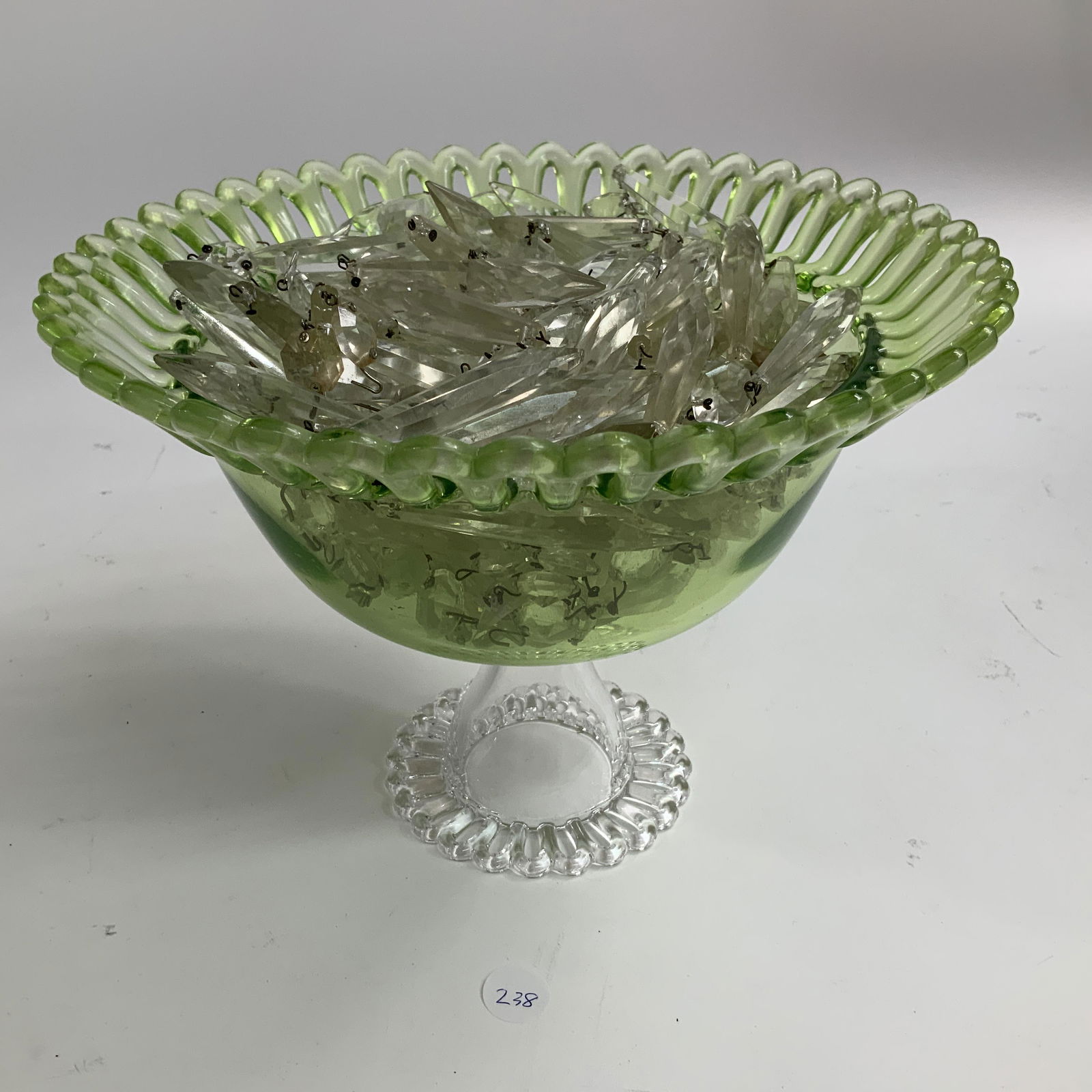 Giant Lot of Glass Crystals in Green Glass Candy Dish (1 of 2)