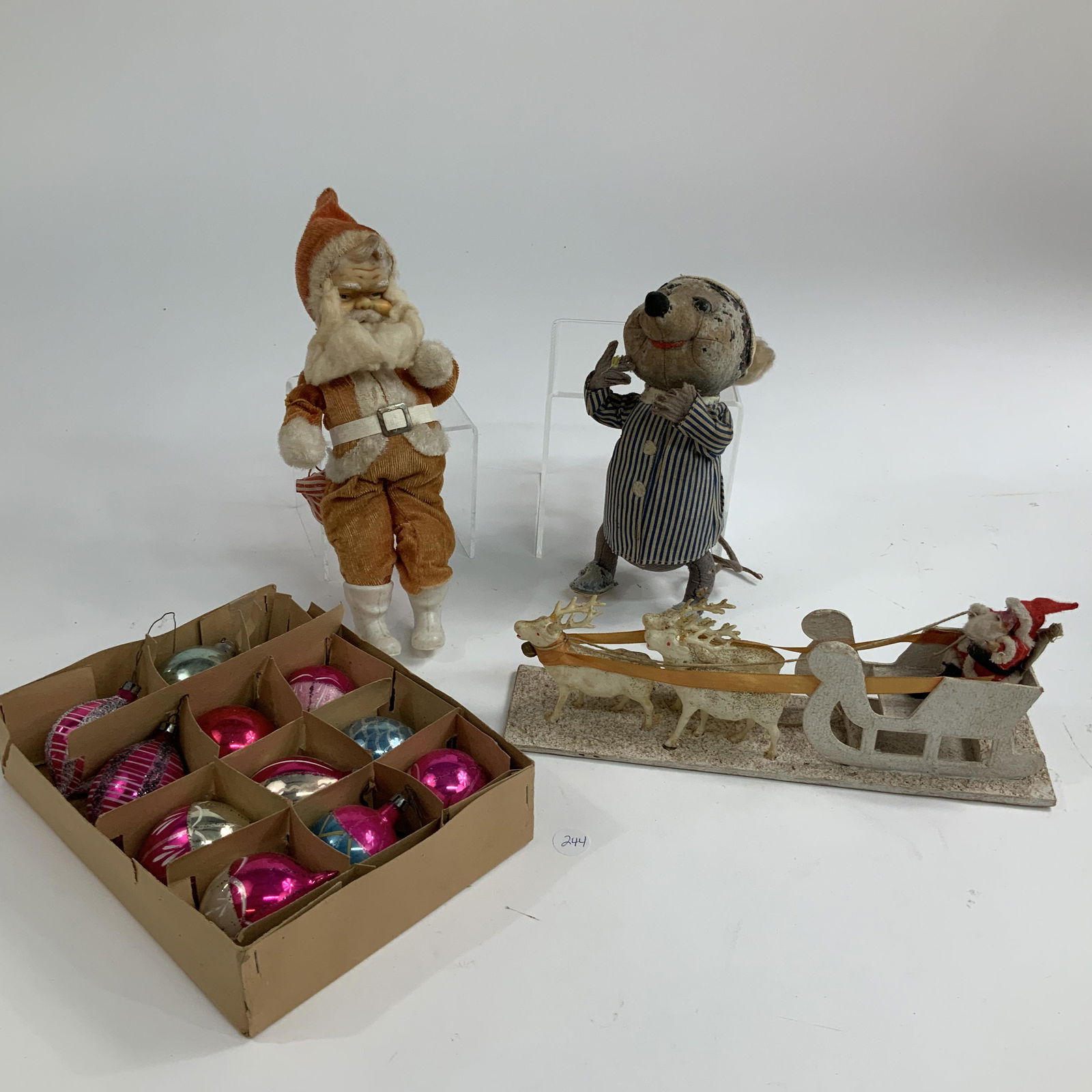 Lot of Antique Christmas including Santa, Box of Ornaments, Italy Peck & Peck Mouse, Santa and (1 of 9)