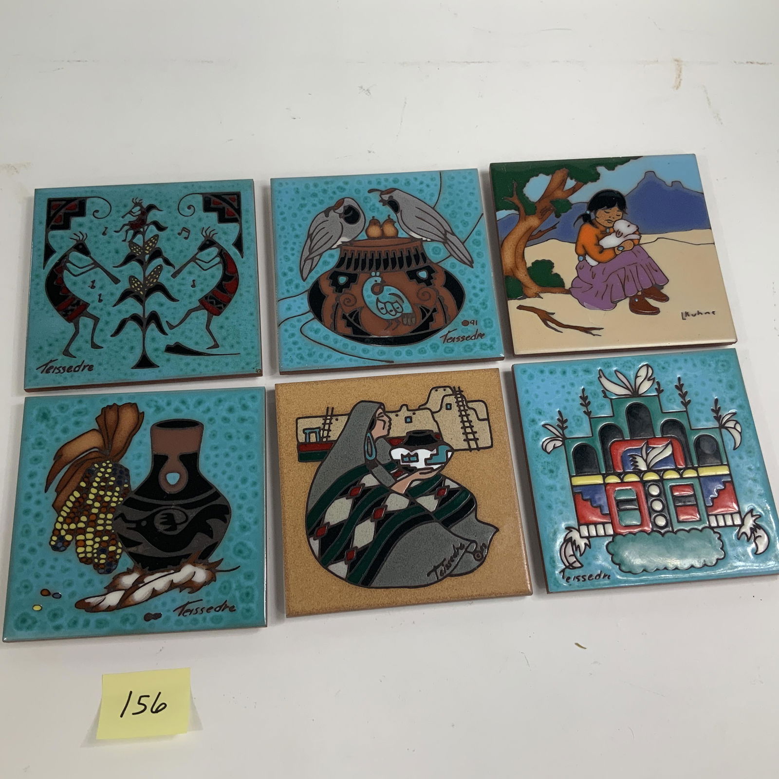 Lot of 6 Handpainted Southwest Cleo Teissedre Tiles (1 of 2)