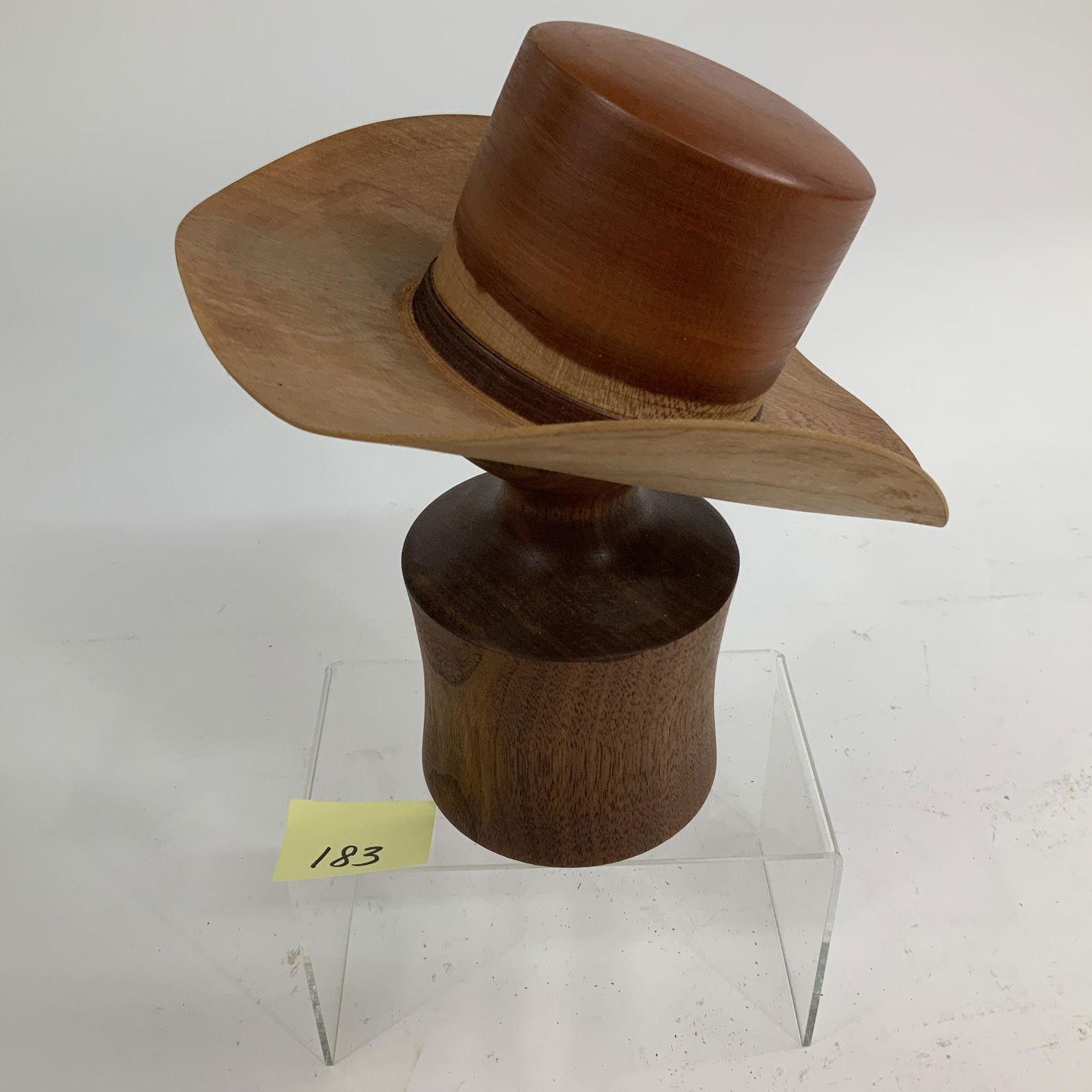 Hand Turned Small size Wooden Cowboy Hat. Includes hat stand for display: Seven inches in length