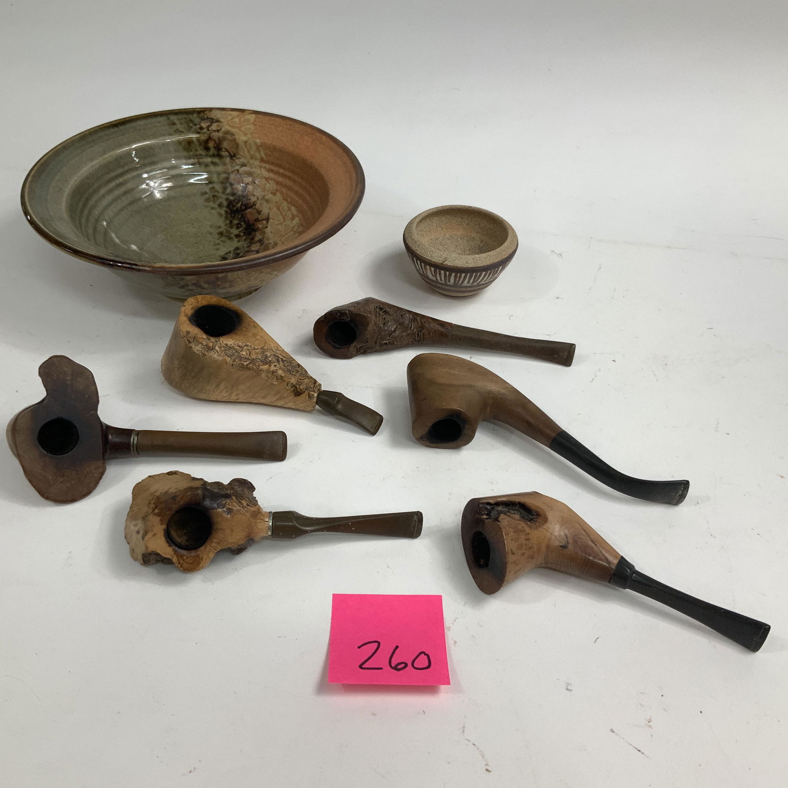 Lot of 6 Wood Burl Smoking pipes and 2 pottery bowls (1 of 2)