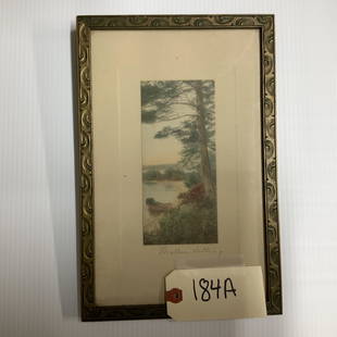 Framed Wallace Nutting Lake with Boat and trees: Measures 12 x 8