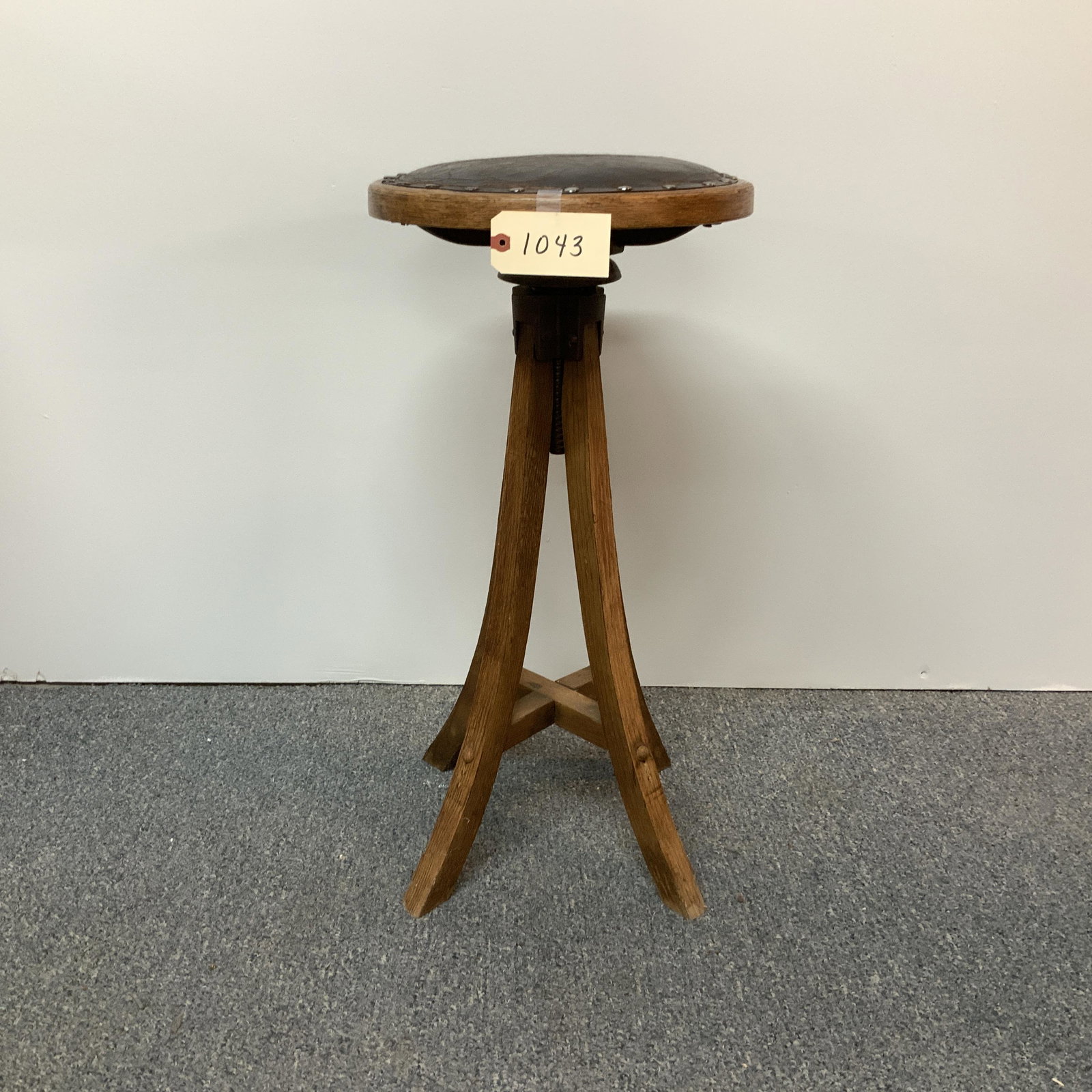 Antique Wooden stool with leather seat (1 of 4)