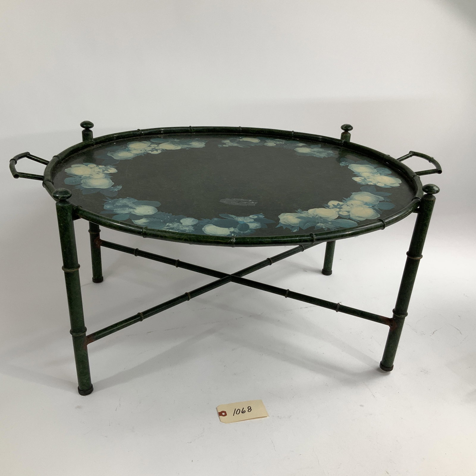 Metal Tray with Stand: Ready for high tea or service as a coffee table. Measures 32 inches