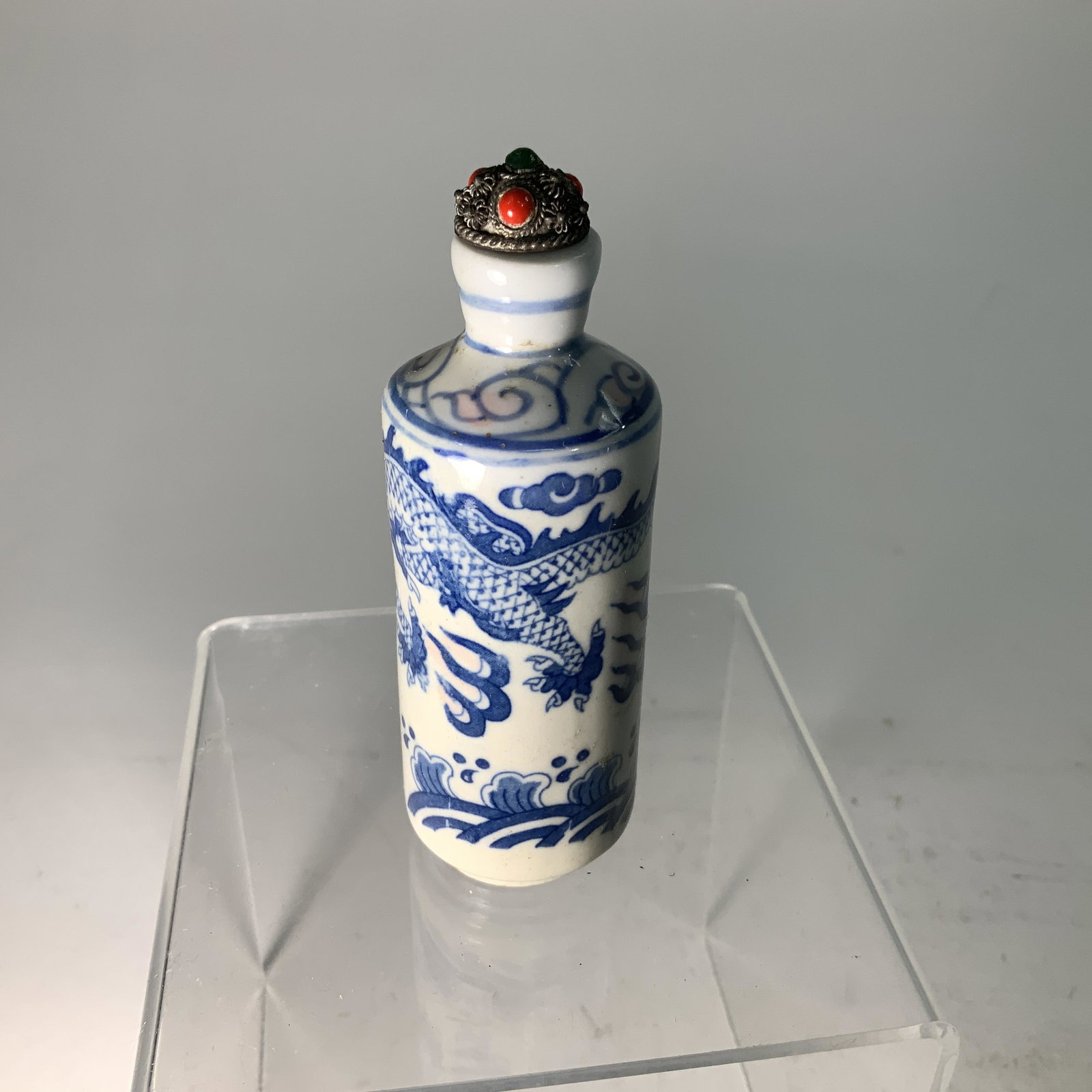 Chinese Snuff Bottle: Blue and White Dragon with jewel top Measures 4 inch