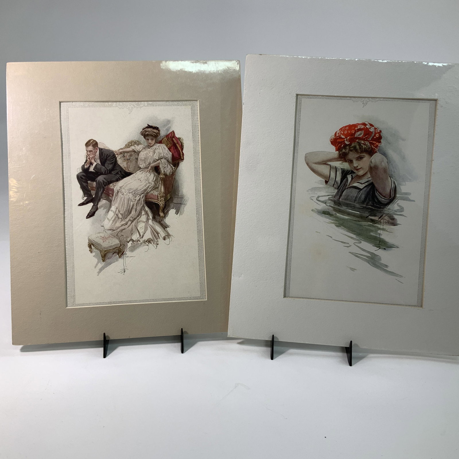 A Pair of Early 20th Century Harrison Fisher Illustrations: These two full color illustrations are from 1908. Harrison Fisher(1875-1934) was noted for his illustrations of beautiful women, winning him acclaim as the successor to Charles Dana Gibson. Mat size i