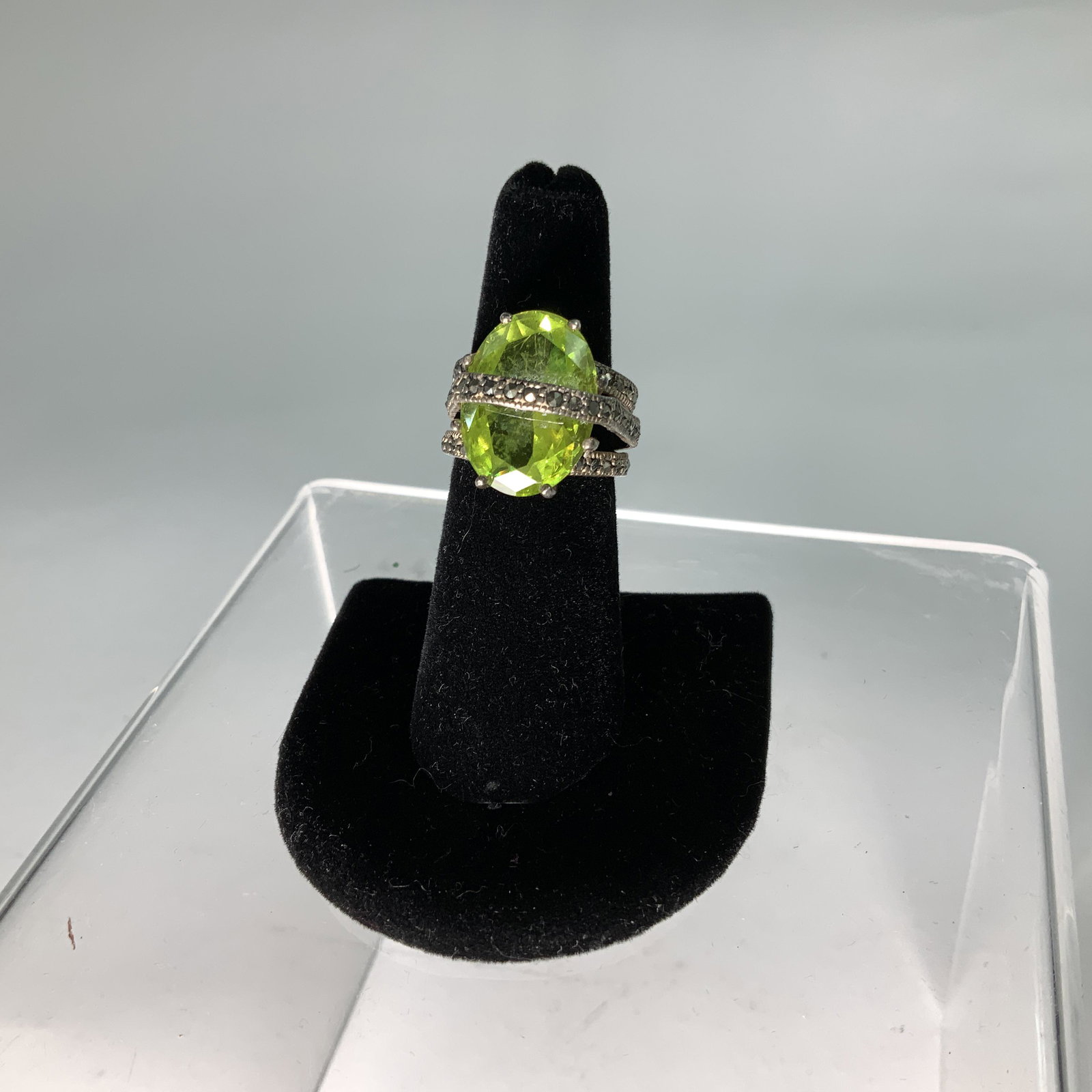 Sterling Ring with Green Glass and Marcasite: Size 5.5
