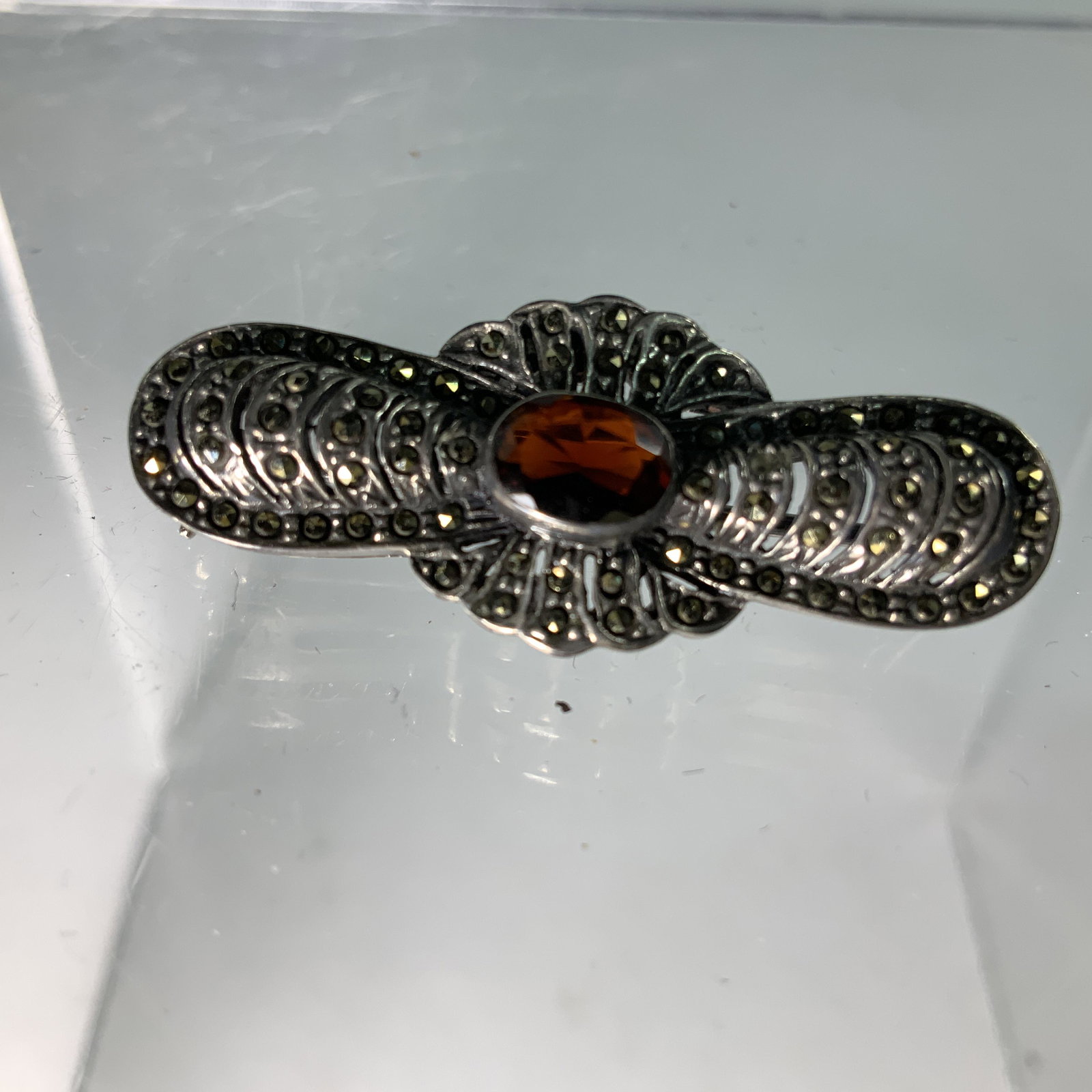 Sterling Silver Garnet, Marcasite Pin: Measures 1.5 inch