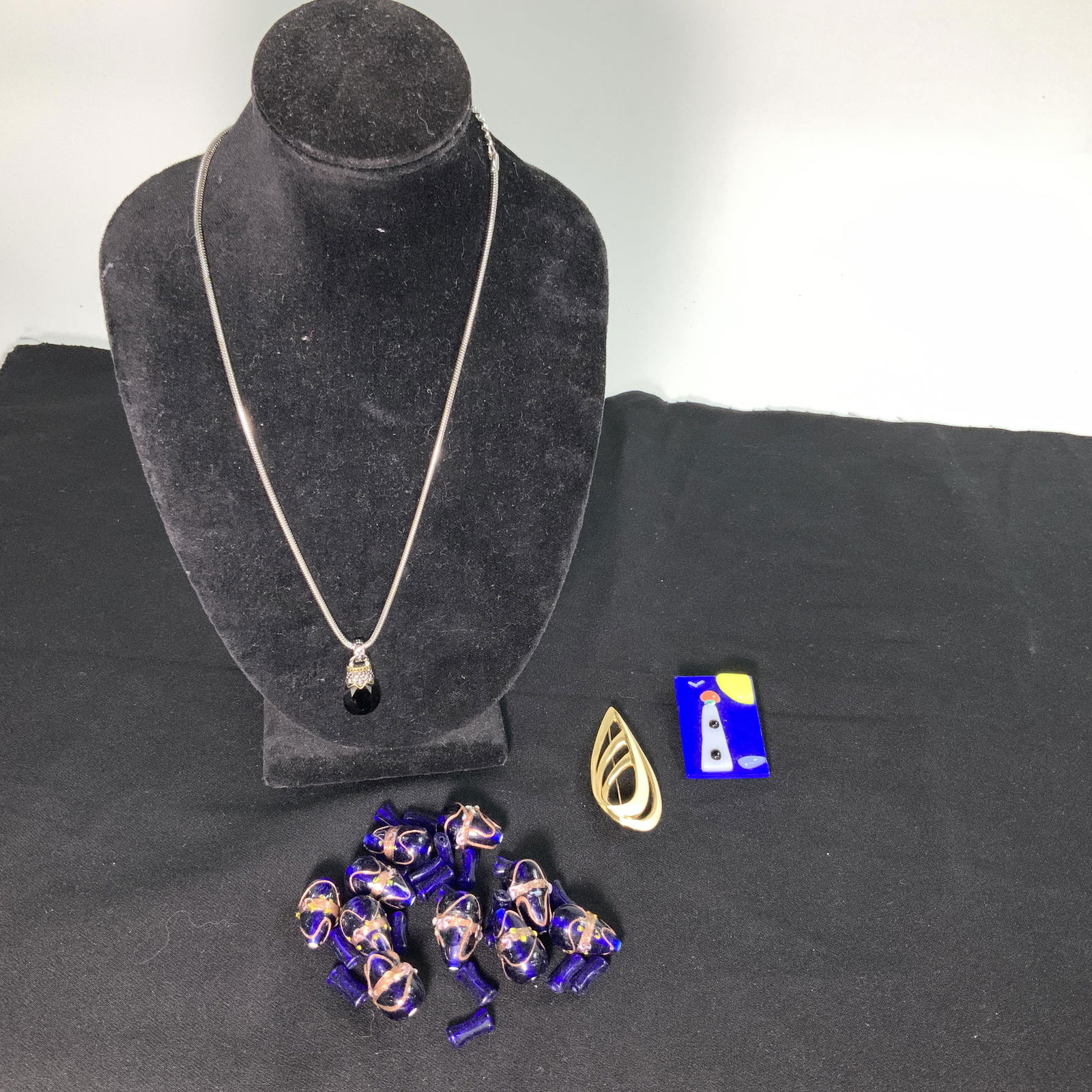 Lot of Trifari, Beads, Necklace: Includes fused glass art piece