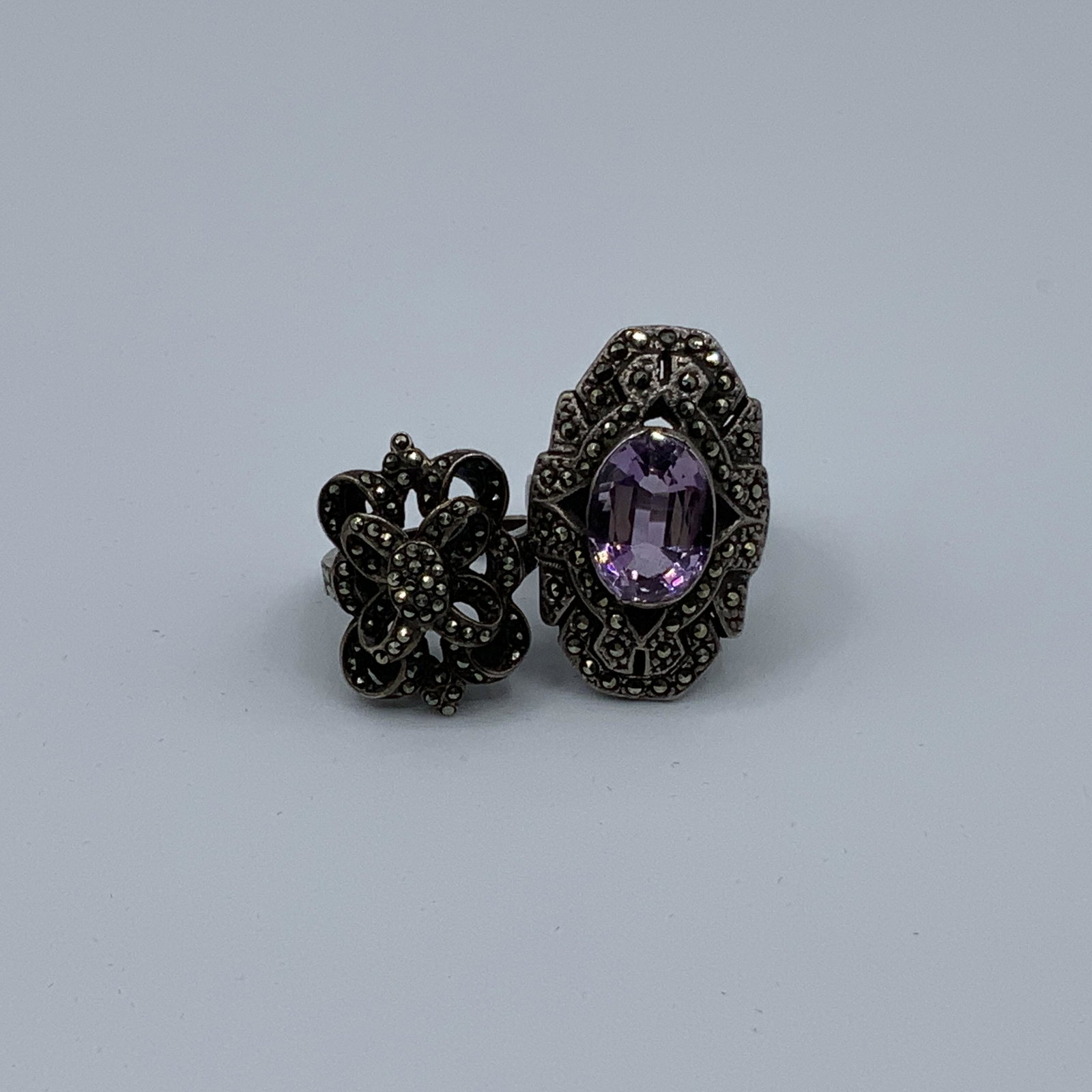 Lot of 2 Sterling Rings Marcasite: See sizes in pics