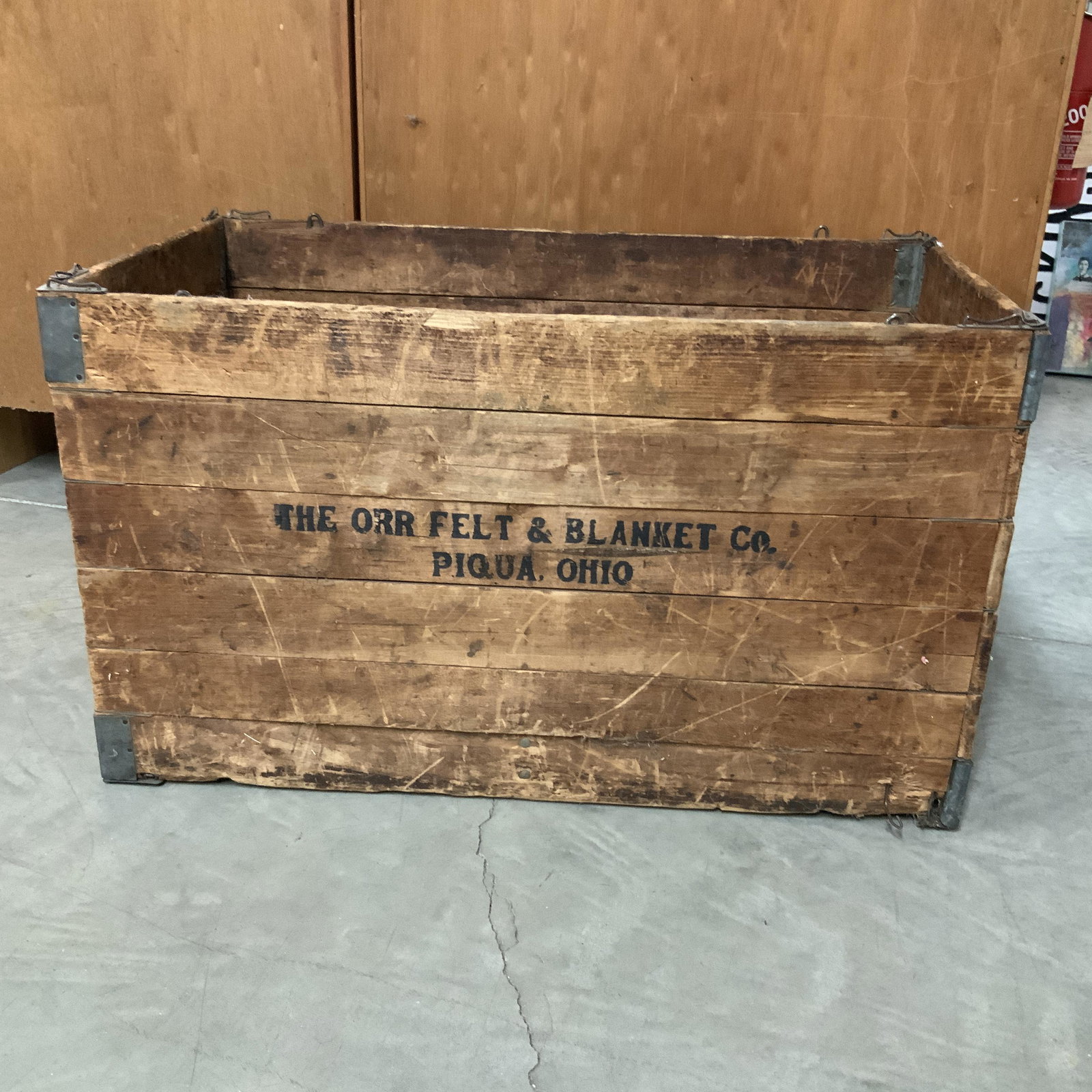 Vintage Folding Blanket Crate: Folding crate marked, "The CRR Felt & Blanket Co, Piqua Ohio. Measures approx. 16" X 29" X 17" high when open, and 17" X 44 1/2" X 2 1/2" when folded.