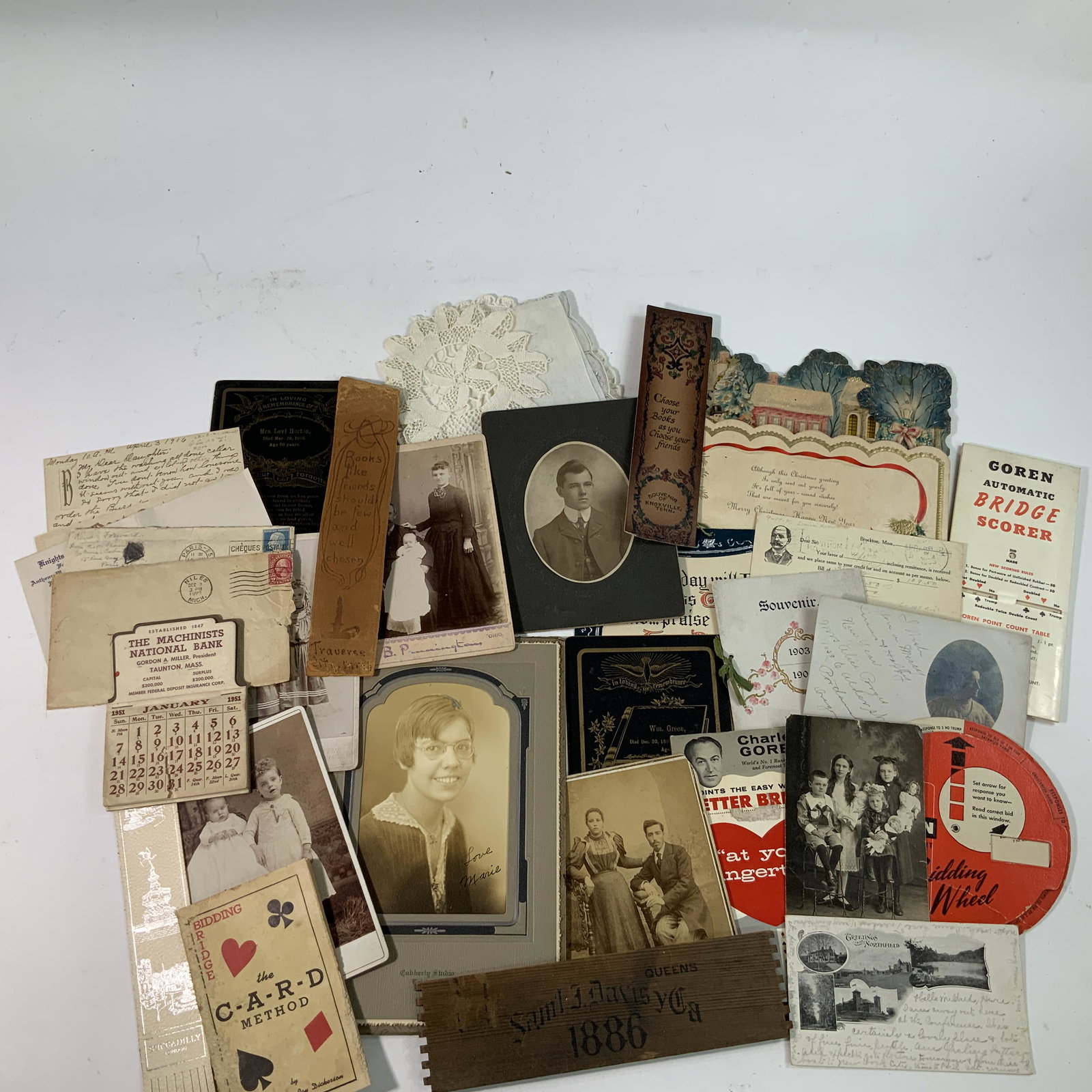 Old Photos and Ephemera: Old photos, bookmarks, doily, handerchief, religious and memorial cards.