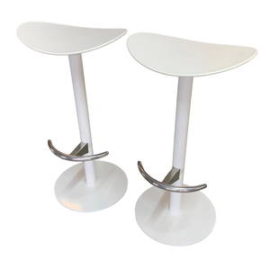 Pair of ENEA Cafe Stools by Brayton International Designed by Josep Llusca 2002: Poly seat is 31.25"H x 15.8"W x 12.4"D These stools were manufactured for Steelcase Showroom Merchandis Mart in Chicago