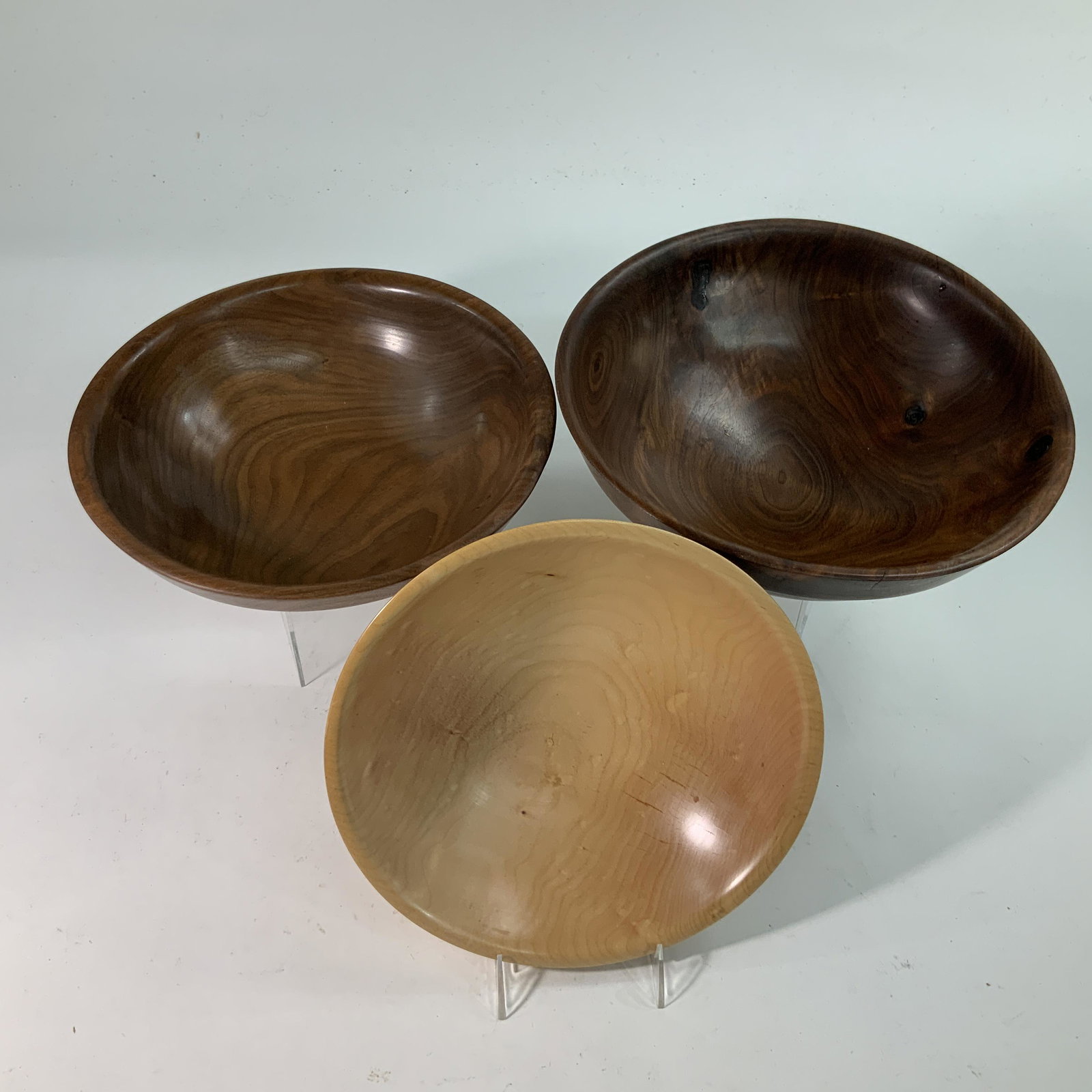 Craftsman Turned Wooden Bowls: Trio of Craftsman Turned wooden bowls- one Walnut, 12 1/2" diameter, one walnut, 11 1/2" diameter, and one maple, 11" diamater.