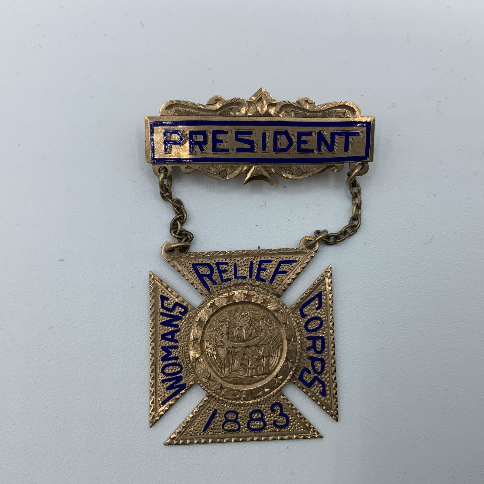 10K Gold Women's Relief Badge or Pin: 10K Gold Women's Relief Badge or Pin, with tab marked President. 14 gm