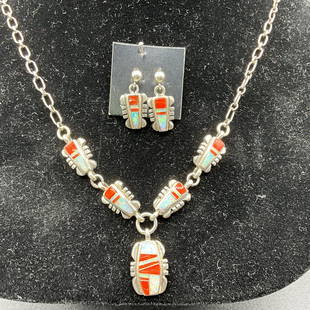 Native American Sterling/Coral/Opal Necklace & Earring Set: Native American Sterling/Coral/Opal Necklace & Earring Set. Signed E. H. Necklace- 20" chain, Pendant 1/2" wide, 3/4" long. Earrings- 3/8" wide, 3/4" long