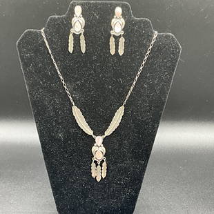 Native American Sterling/Mother-of-Pearl Necklace & Earring Set: Native American Sterling/Mother-of-Pearl Necklace & Earring Set- Feather design, signed F. Arviso. Necklace- 18" chain, Pendant 3/4" wide, 2 1/4" long. Feathers on chain are 1 3/4" long. Pendant