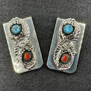 Pair of Nickel Silver/Turquoise/Coral Money Clips: Pair of Nickel Silver/Turquoise/Coral Money Clips