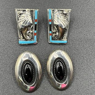 Two Pairs of Native American Sterling Earrings: Two Pairs of Native American Sterling Earrings for pierced ears- One pair of trapezoidal panels with central leaf decoration and L shaped banding of Turquoise, Coral, and Onyx. Approx 5/8" wide and