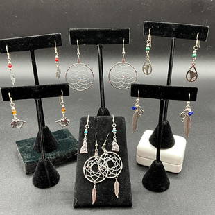 Seven Pairs Southwest Style Sterling Earrings: Seven Pairs Southwest Style Handcrafted Sterling Earrings for pierced ears- assorted styles as shown in photographs.