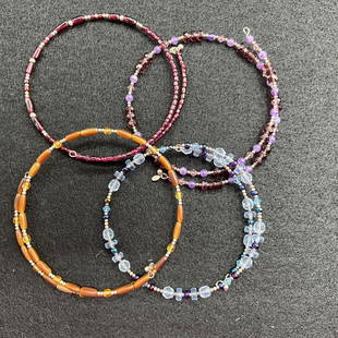 Four Sterling Silver Wire Southwest Style Memory Collar Necklaces: Four Sterling Silver Wire Southwest Style Memory Collar Necklaces- Amethyst, Garnet, Amber/Agate, Blue Crystals/Beads