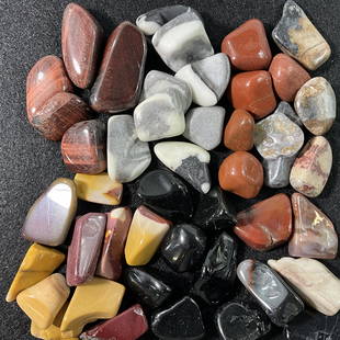 Bagged Jewelry Stones: Seven approx. 15 oz. bags of stones for jewelry making. Shell Jasper, Red Jasper, Red Tiger Eye, Picasso Marble, Mookite, Obsidian, Sardonyx Jasper.