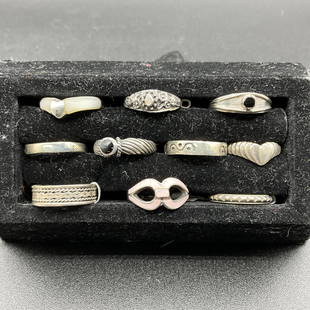 Ten Sterling Rings: Group of ten sterling rings, size 6 1/2. Various styles.