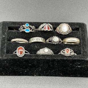 Ten Sterling Rings: Group of ten sterling rings, size 6 3/4. Various styles.