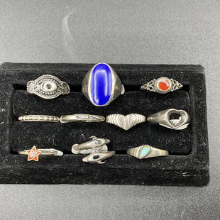 Ten Sterling Rings: Group of ten sterling rings, size 6 3/4. Various styles.