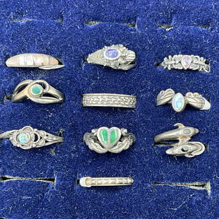 Ten Sterling Rings: Group of ten sterling rings, size 6 3/4. Various styles.