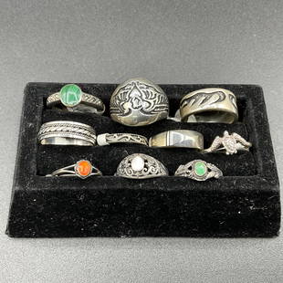 Ten Sterling Rings: Group of ten sterling rings,various sizes & styles. Sizes are two size 6 3/4, one size 8 1/4, five size 8 1/2, and two size 9.